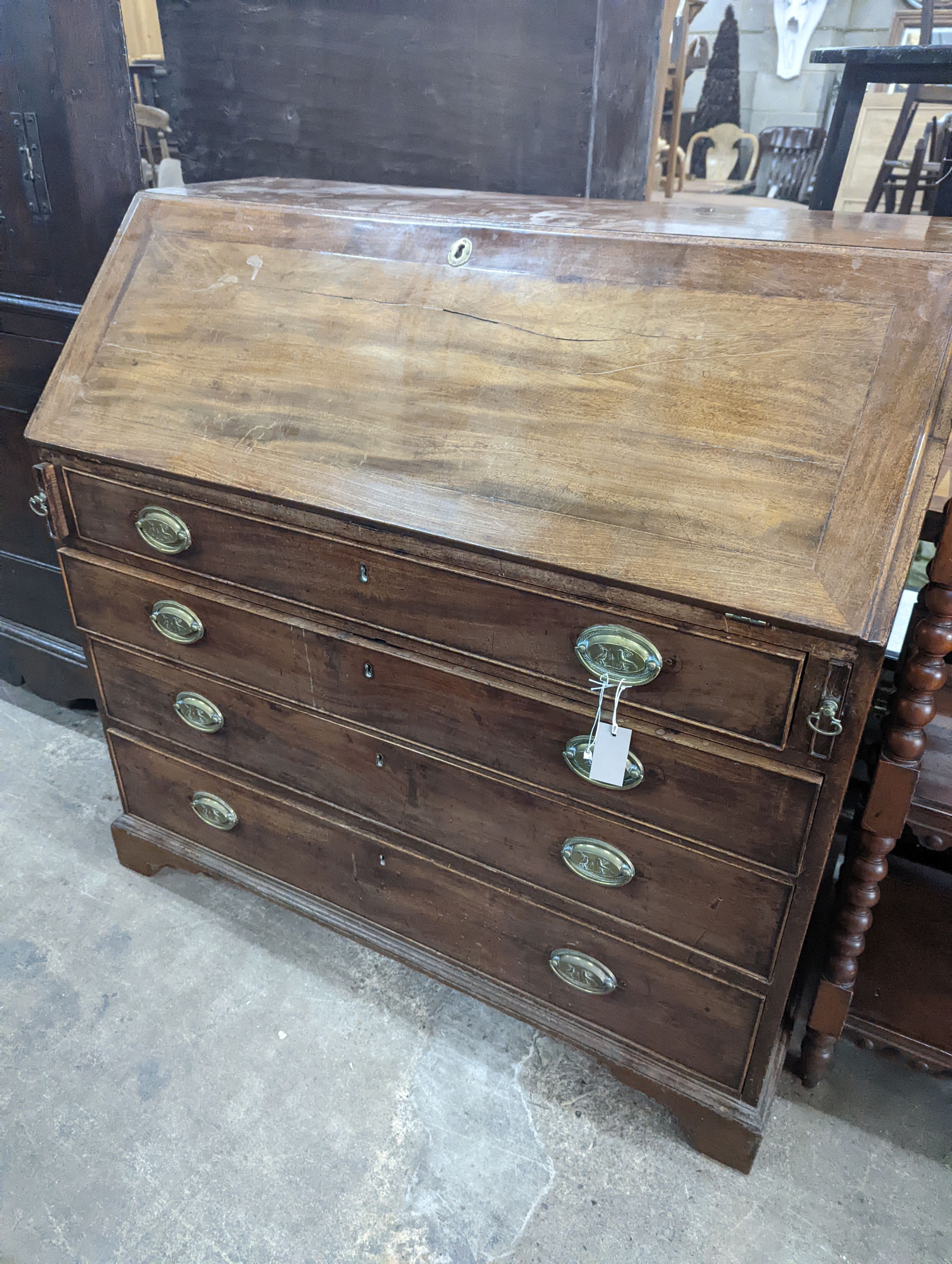 A George III mahogany bureau, width 107cm, depth 54cm, height 104cm